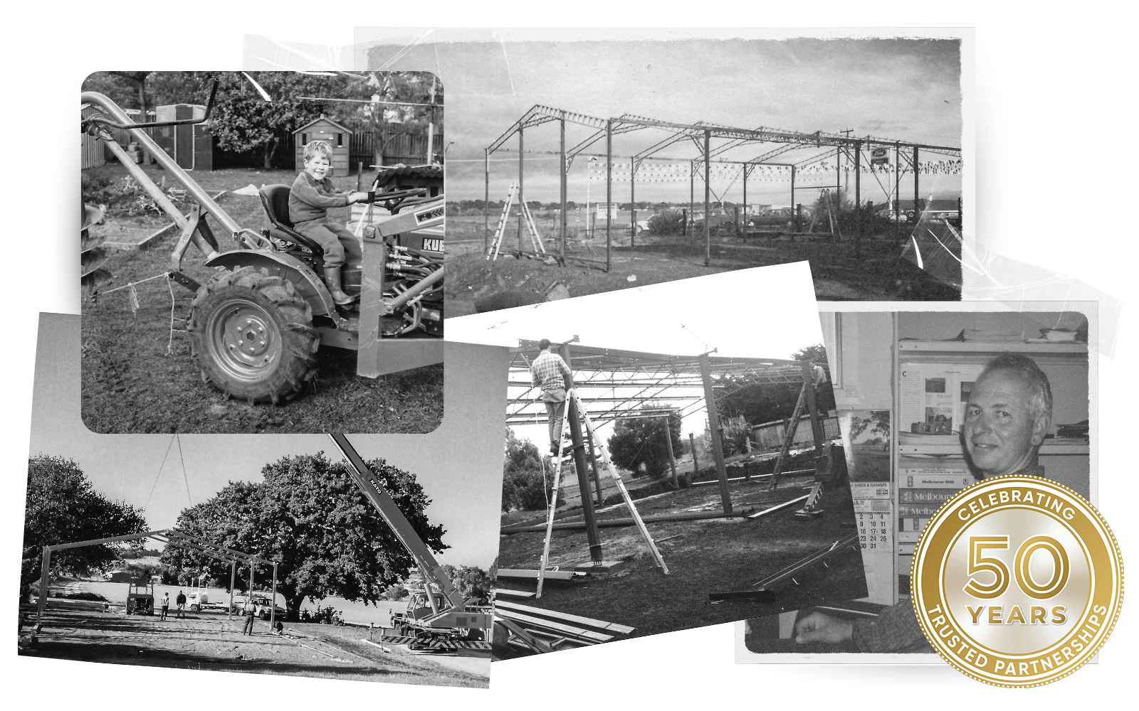 Black and white family photo collage showing a child on a tractor, shed construction, and a gold badge celebrating the company’s 50th anniversary.